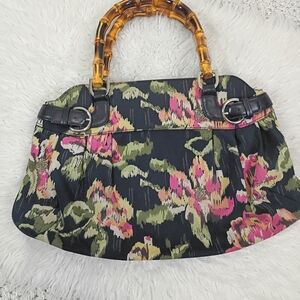 Talbots Black Floral Canvas Women's Satchel Shoulder Bag with Bamboo Handles